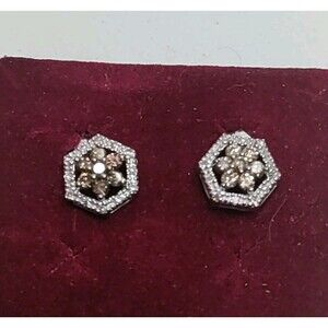Affinity 14 K White Gold Champagne Diamond W/ Clear Halo Stud Earrings